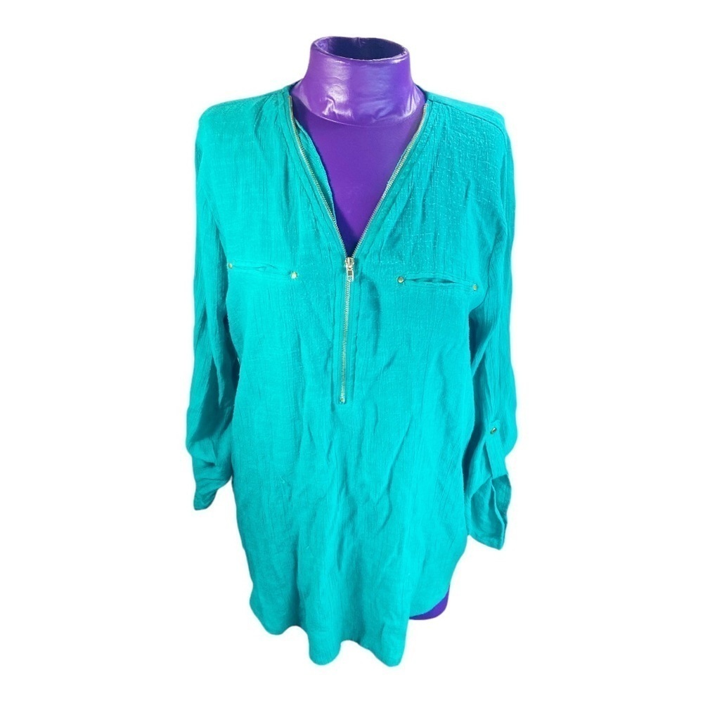 Signature Studio teal gauzy zip neckline roll sleeve summer tunic top M